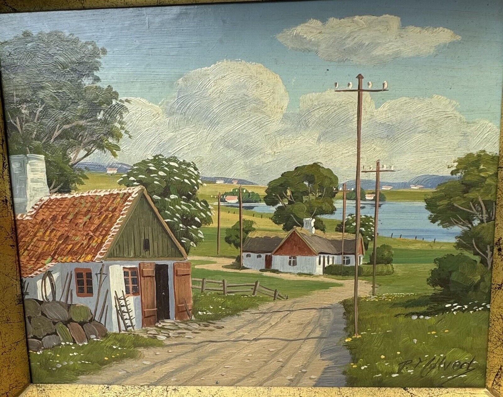 Vintage Painting With Summer Motif From The Danish Country Side With Farm Houses