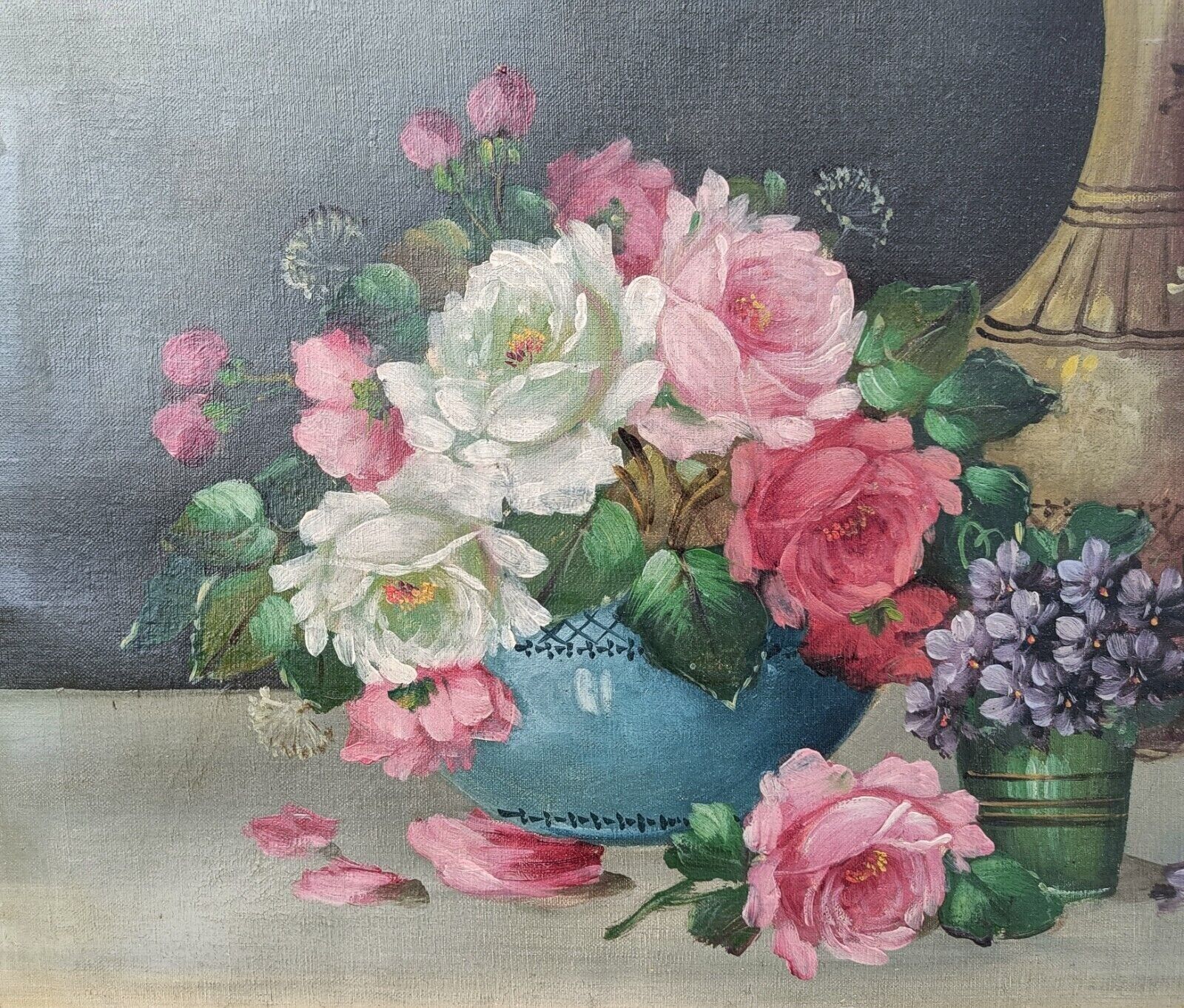 Frantz Stotzner 1898: Floral still life with roses and violets Original oil