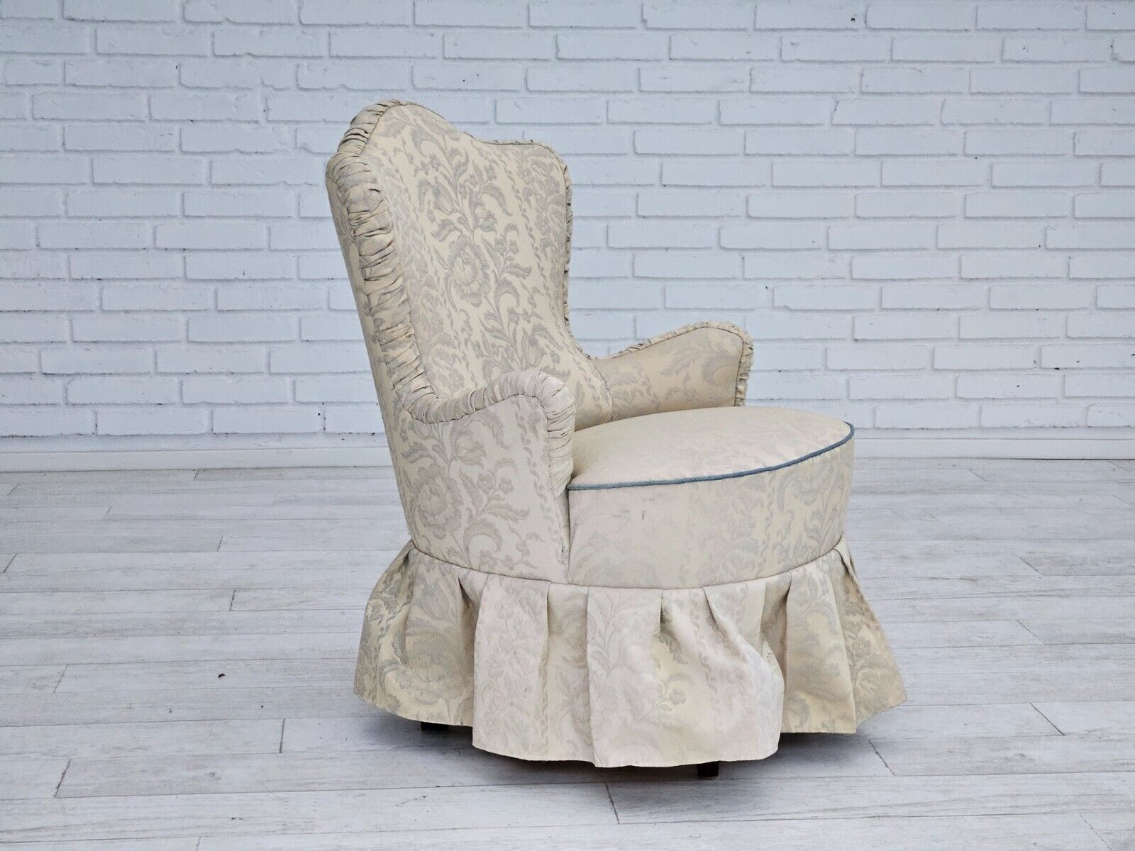 1950s Danish armchair reupholstered creamy/white floral fabric