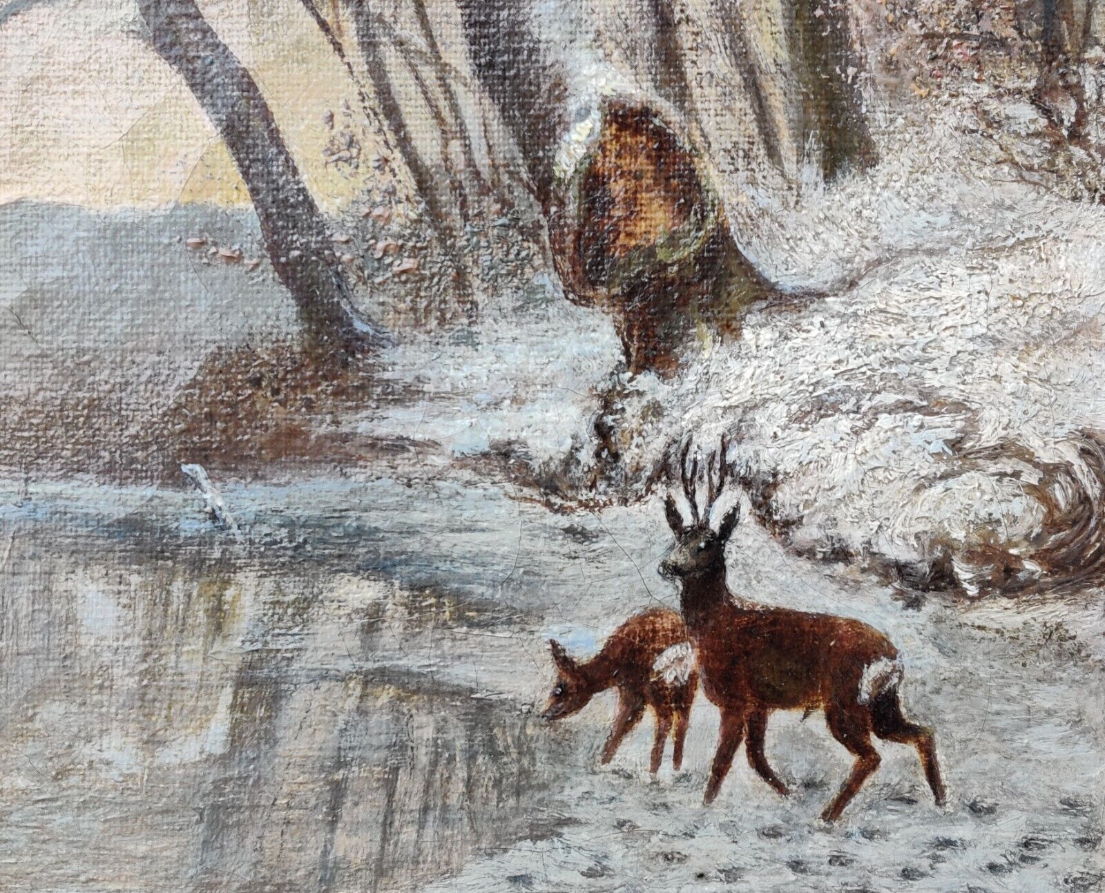 DEER DRINKING WATER IN WINTER FOREST original oil painting