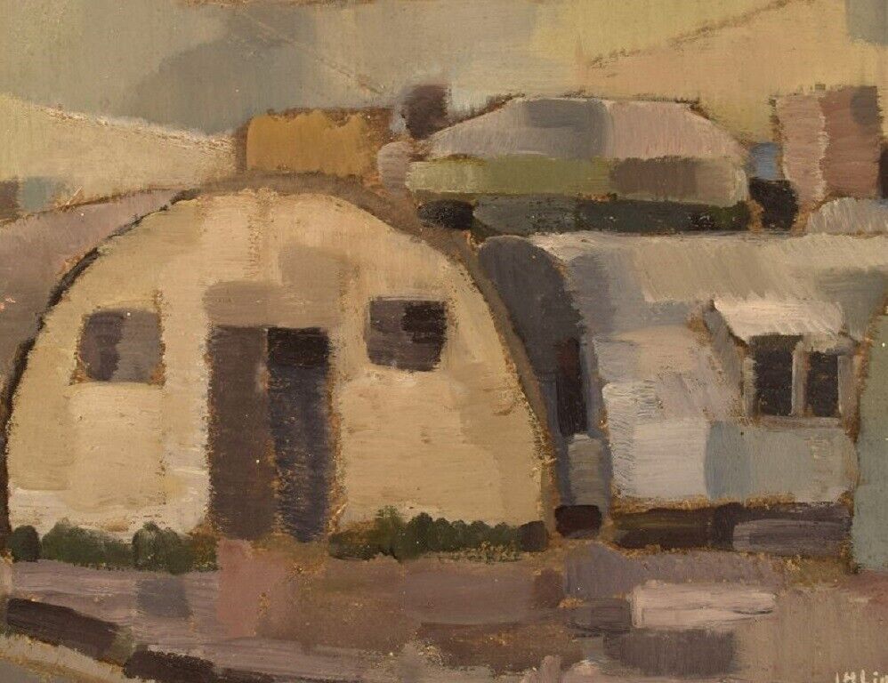 LH Lindberg Sweden Oil on board Modernist landscape with houses 1960s/70s