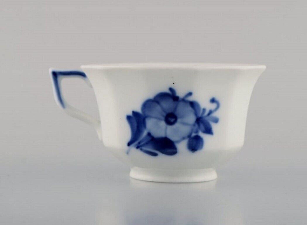 Four Royal Copenhagen Blue Flower Angular coffee cups with saucers and creamer