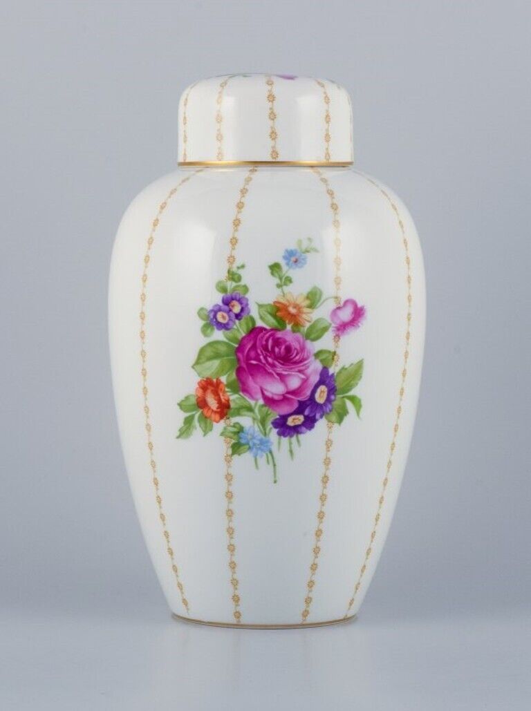 Rosenthal Germany large porcelain lidded jar hand-painted with flower bouquets