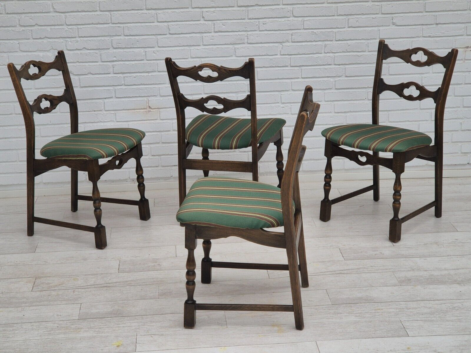 1970s set of 4 Danish dining chairs original condition dark oak wood wool