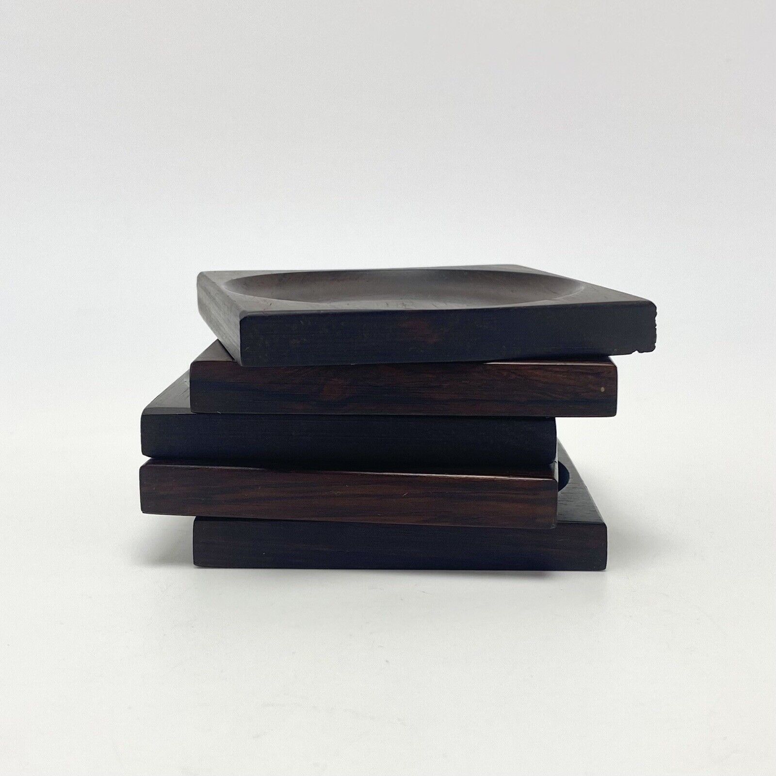 Set of 5 Vtg Mid Century Modern Danish Square Rosewood Glass Coasters Barware