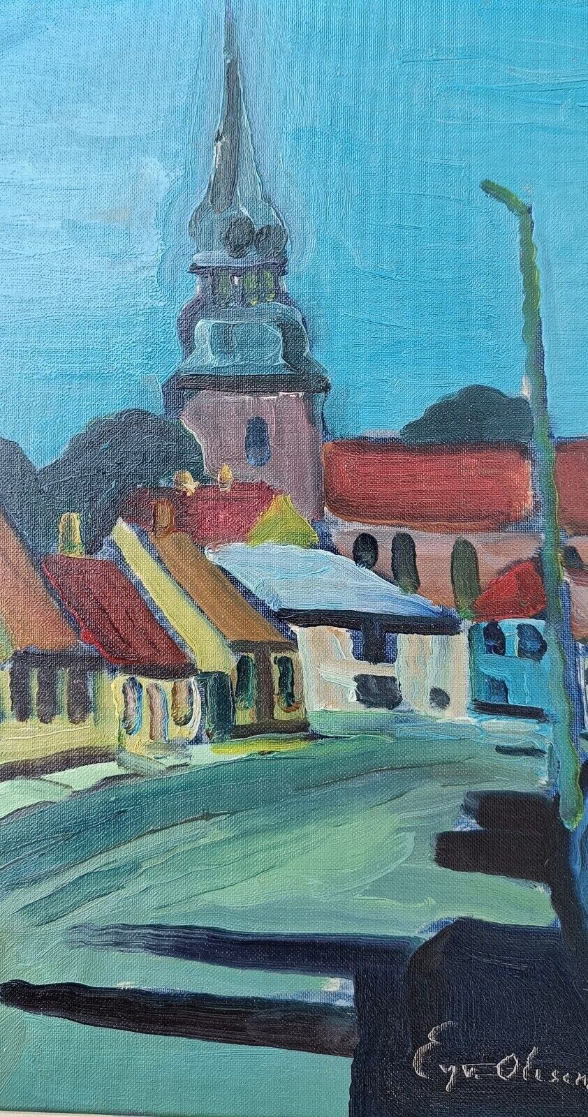 Eyvind Olesen (1907-1995): SMALL TOWN WITH BIG CHURCH Dated 1969