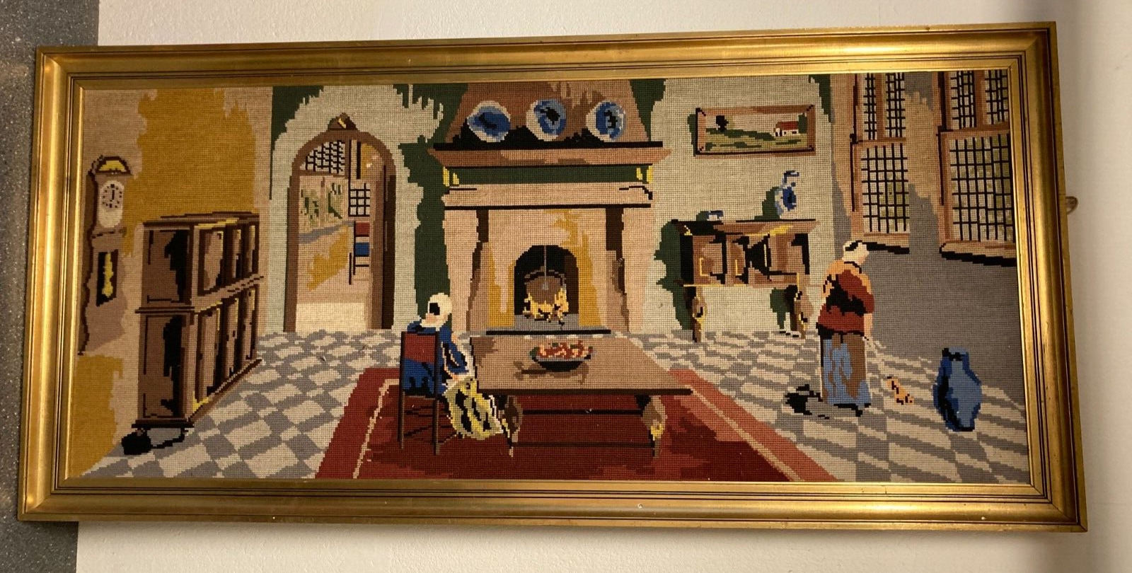 Danish Cross-Stitch Artwork Interior Scene w Cozy Fireplace W125cm L58 Framed