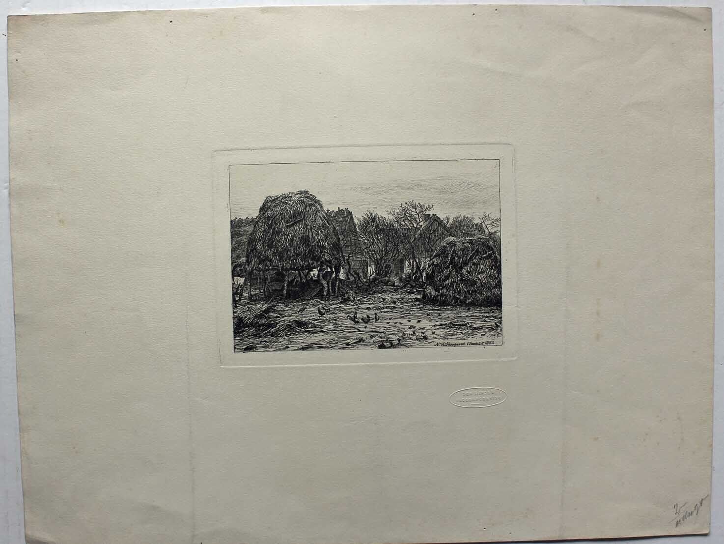 Niels Skovgaard etching Danish farmhouse with chickens Dated January 1883