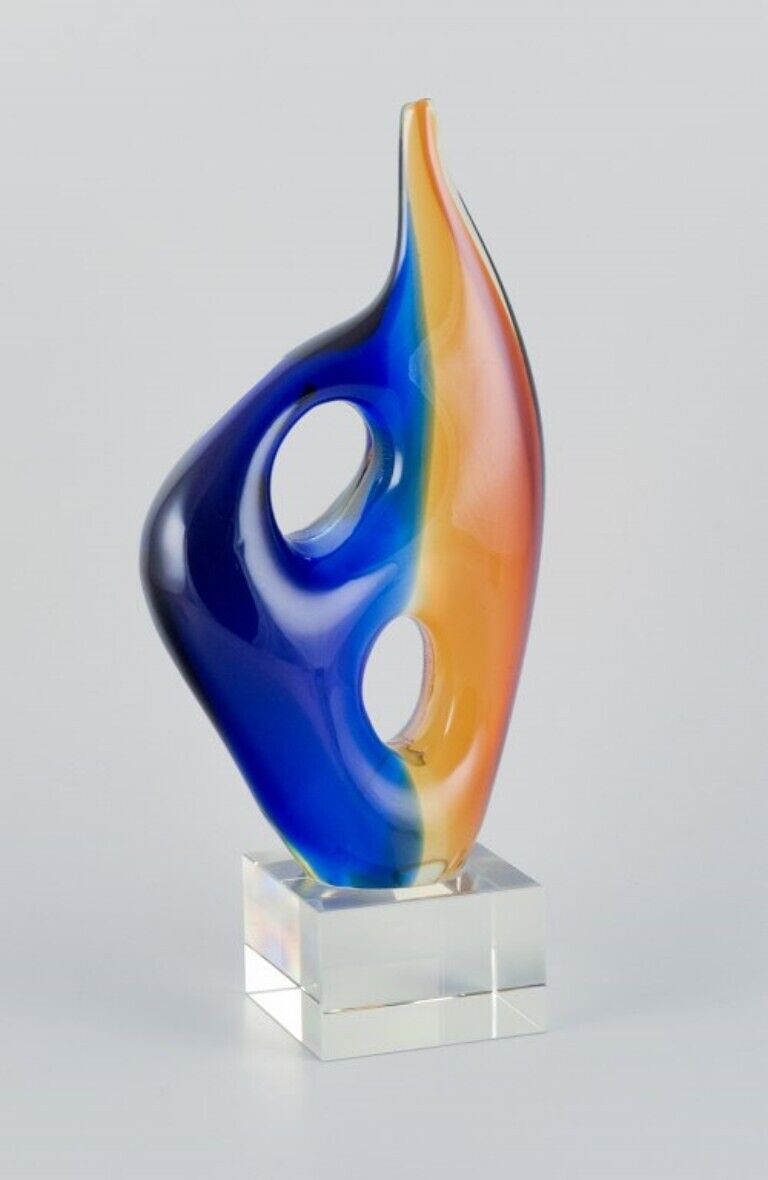 Murano Italy art glass sculpture in blue and orange glass