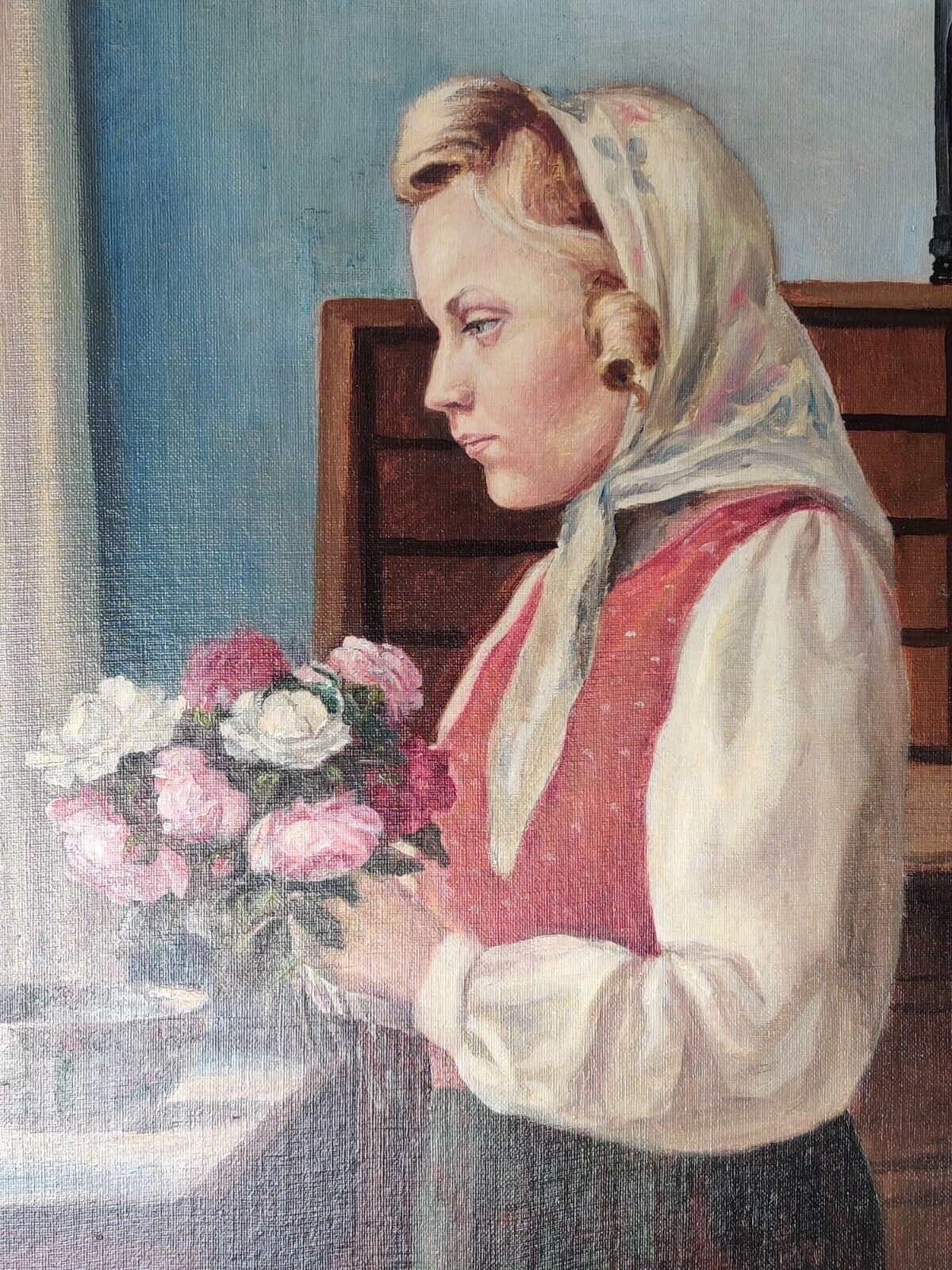 Yelva Vermehren (1878-1980) GIRL WITH BOUQUET OF FLOWERS original oil painting