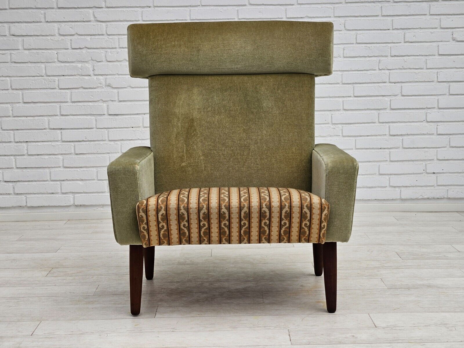 1970s Danish armchair original condition furniture velour woven wool fabric