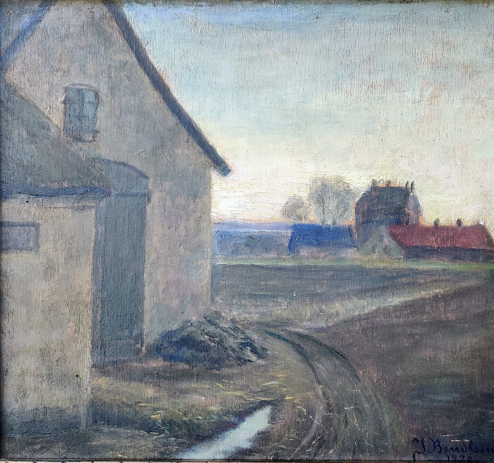 J Bendtsen: FARMHOUSE BUILDINGS original oil painting dated 1920