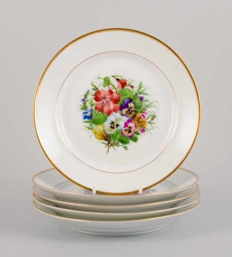 Bing  Grøndahl five porcelain lunch plates with flowers and gold decoration