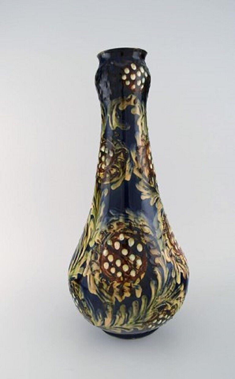 Kähler HAK Large vase in glazed stoneware Flowers on blue background 1930/40s