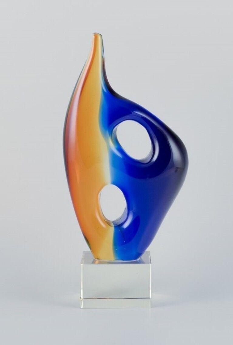 Murano Italy art glass sculpture in blue and orange glass
