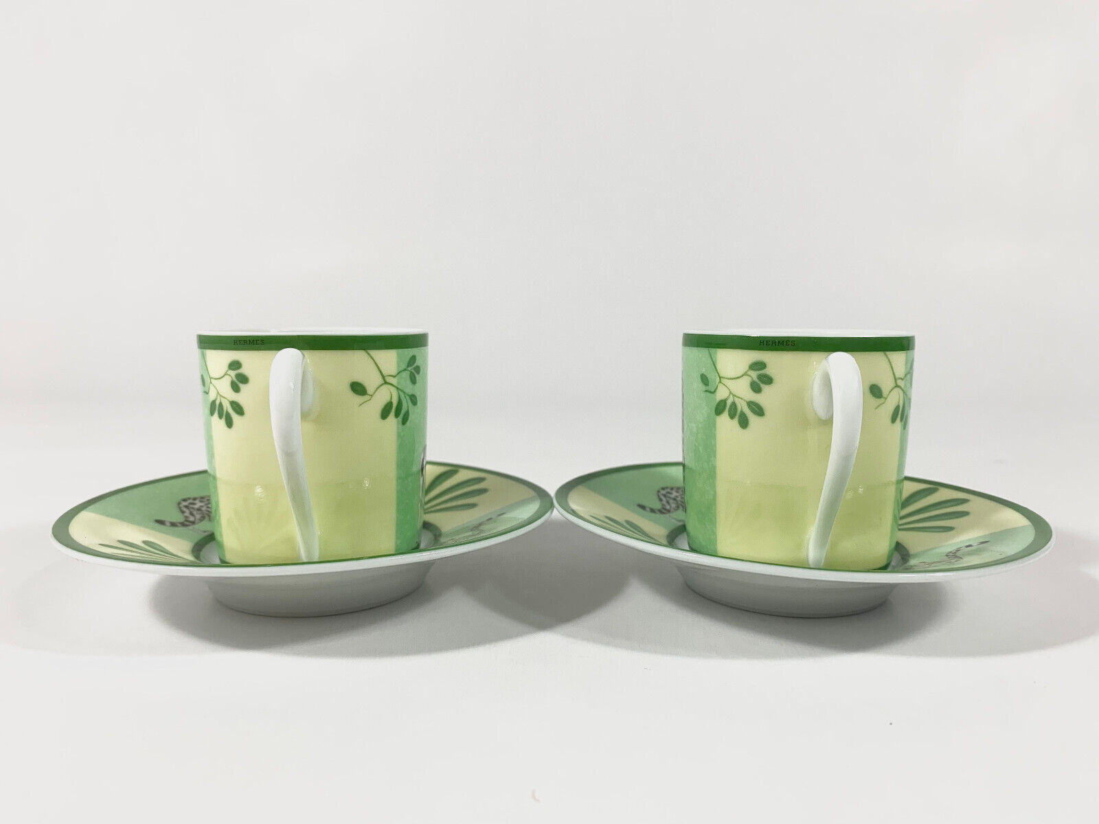 2x Hermes Africa Green Demitasse Espresso Coffee Cup and Saucer