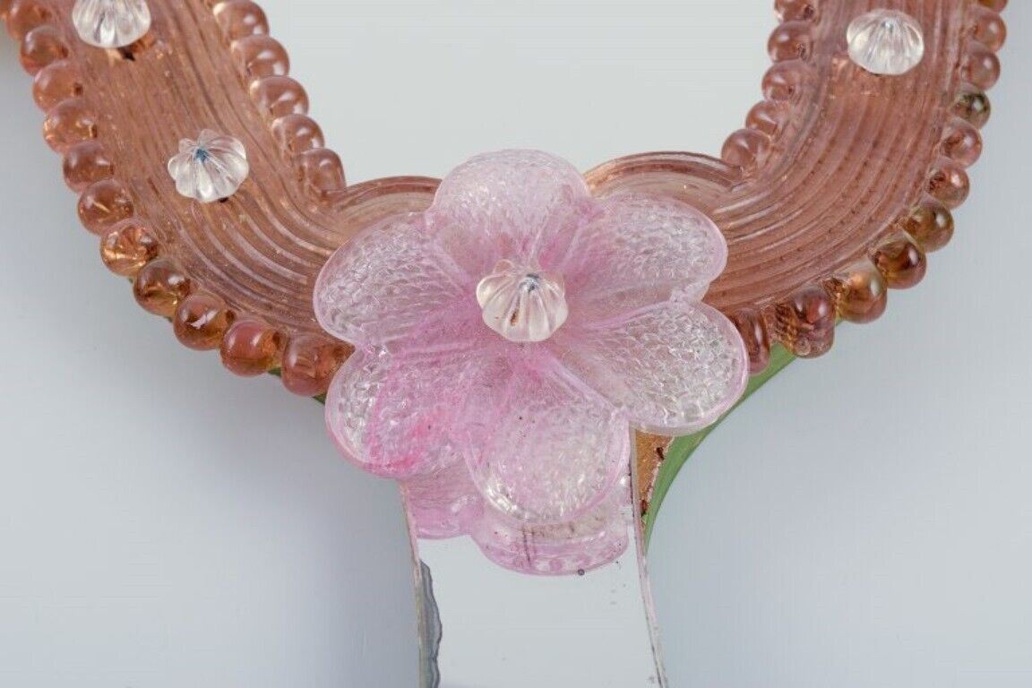 Murano Italy Hand mirror in art glass decorated with pink flowers 1970s