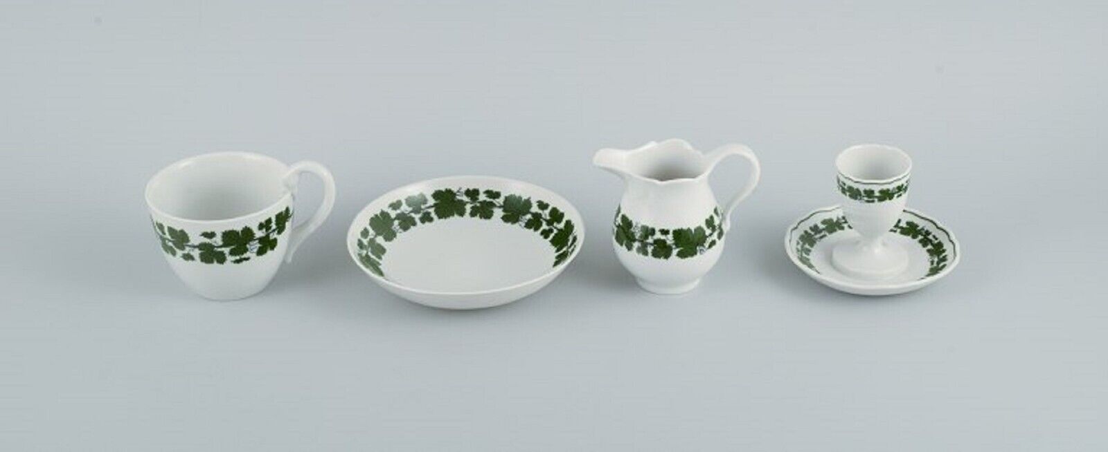 Meissen Green Ivy Vine Four parts: egg cup cup saucer and cream jug