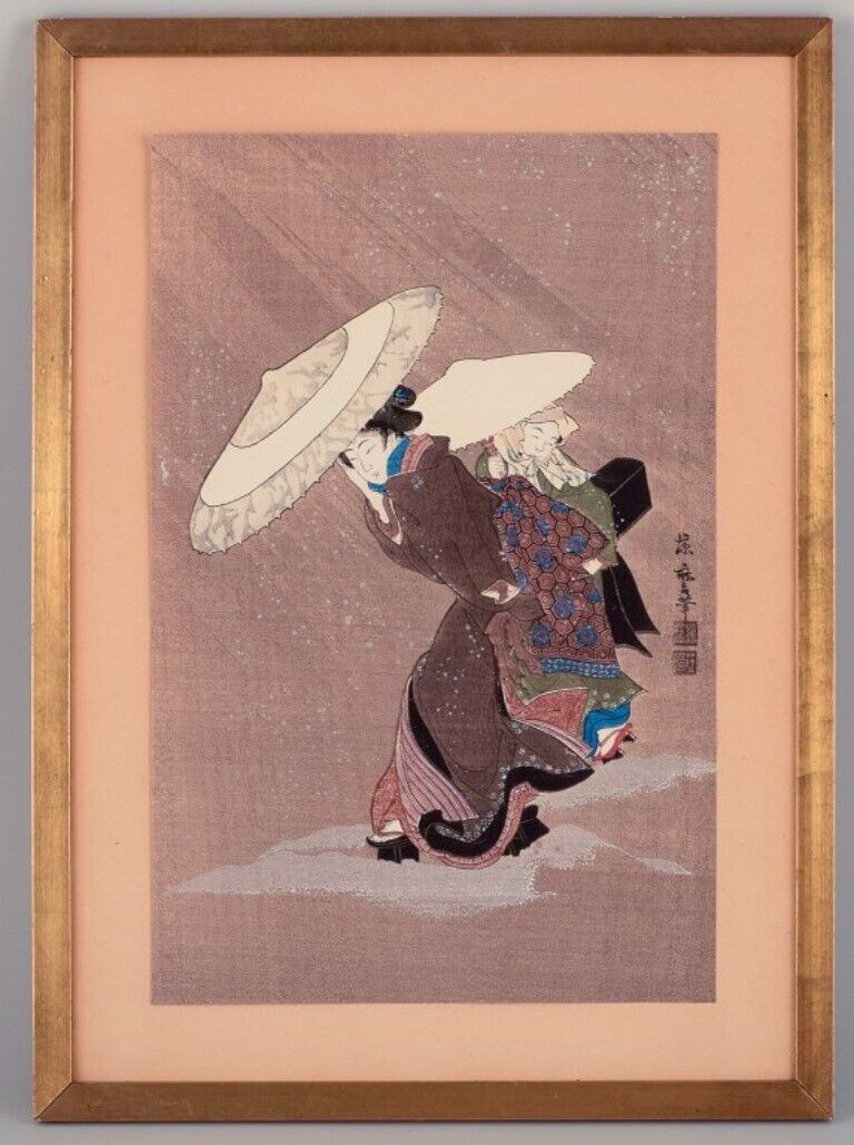 Fujimaro Kitagawa (1790-1850) Woodcut on Japanese paper Snowscape with a woman