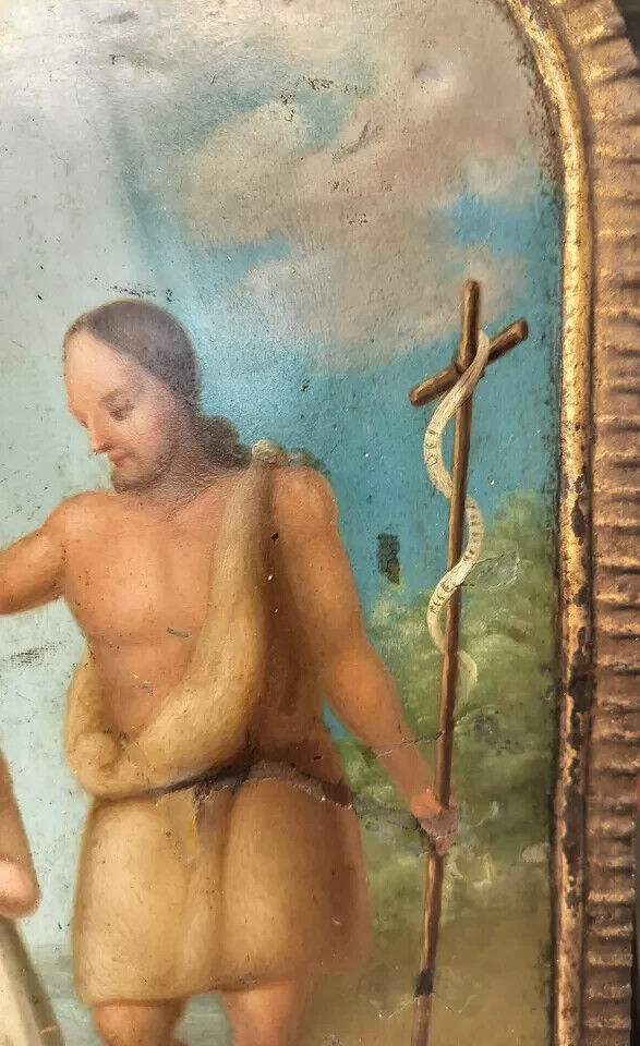 Baptism of Jesus Original Antique Oil Painting on Metal