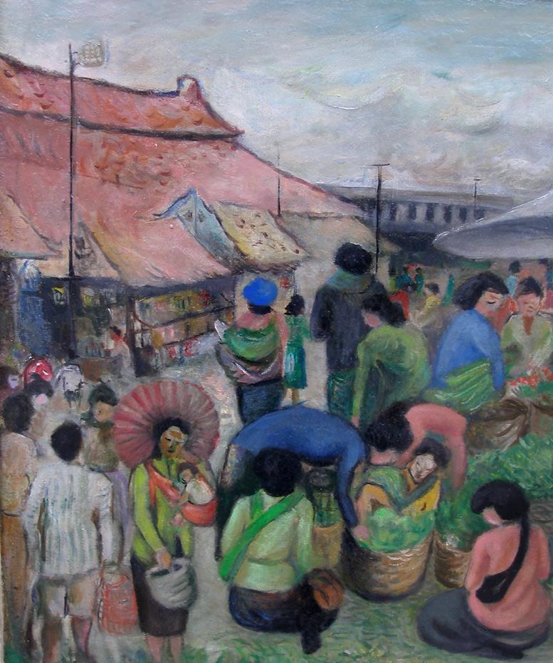 J Soedhiono (1930)  Busy Market scene Jakarta Indonesia Dated 1957