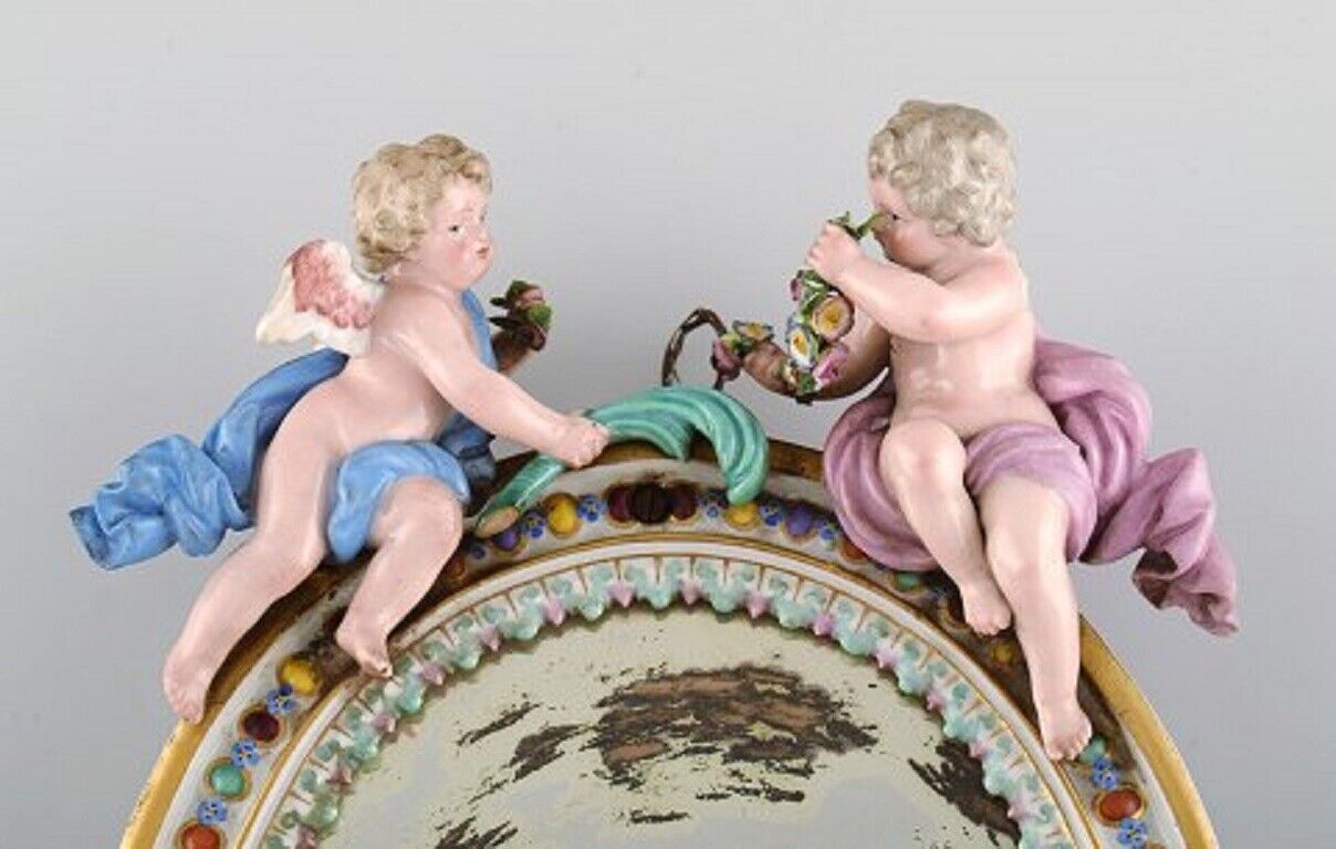 Antique Meissen porcelain mirror with original glass Decorated with putti