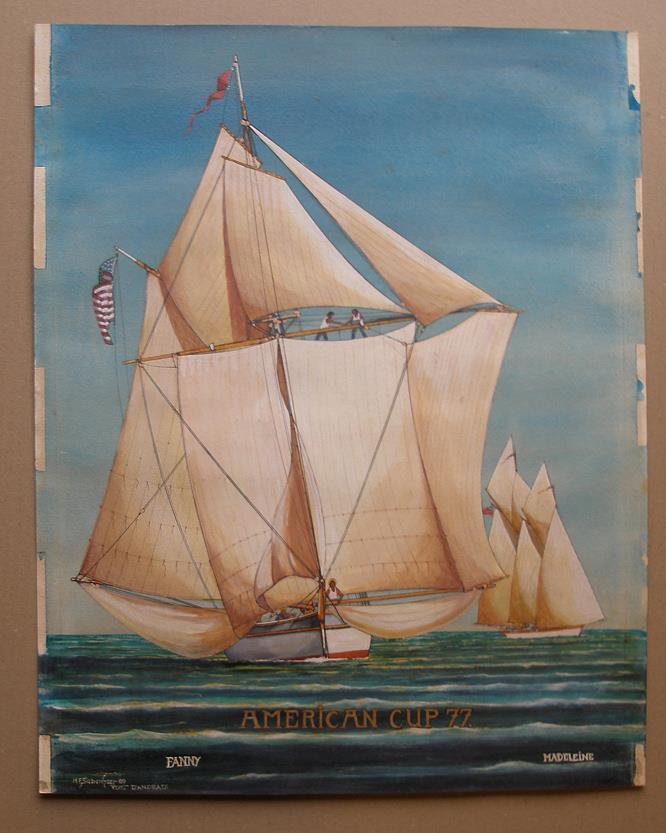 America's Cup Sailing Race 1877  Fanny and Madeleine Antique watercolor