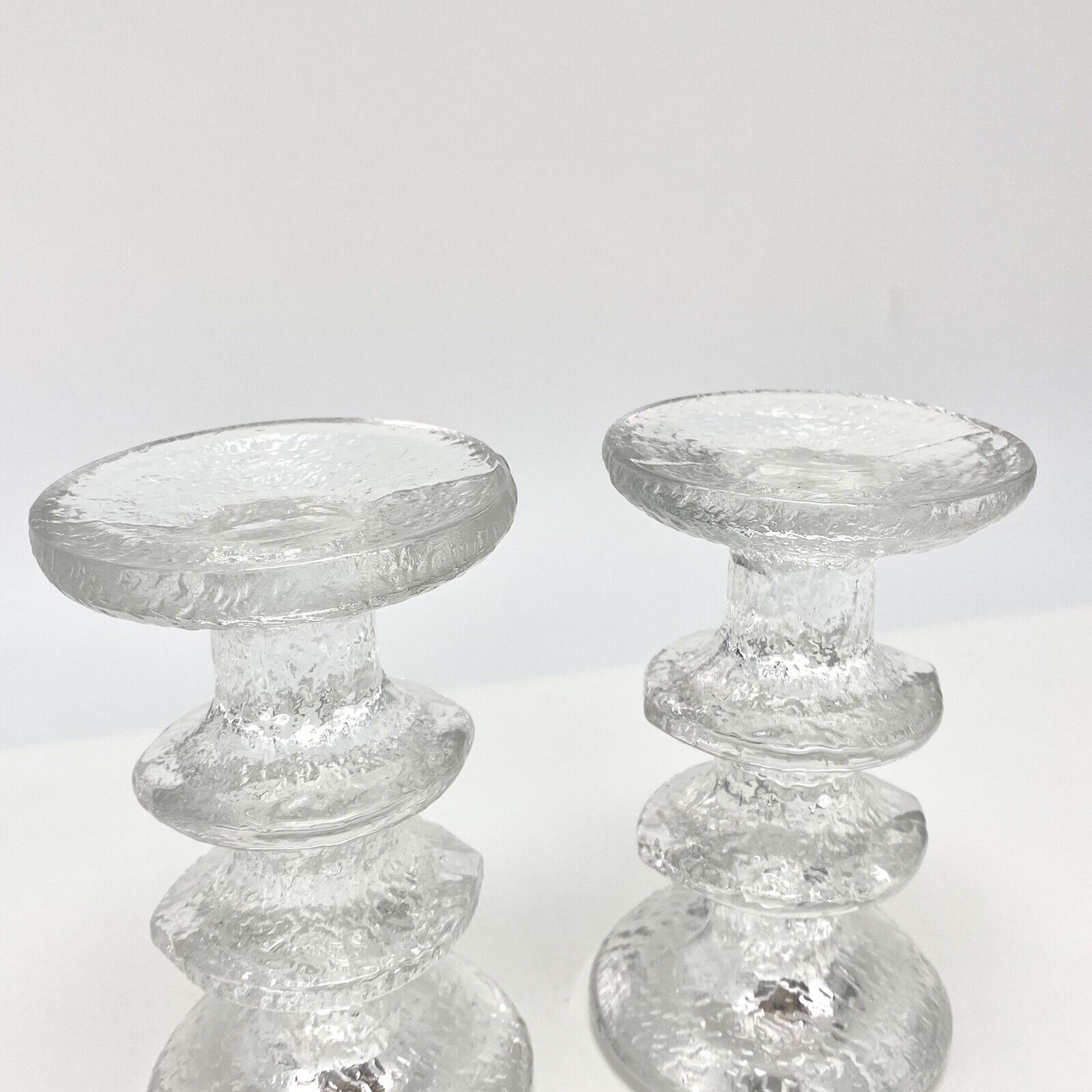 Pair Vtg 2-Ring Iittala Festivo Candlesticks Timo Sarpaneva Clear Crystal Glass