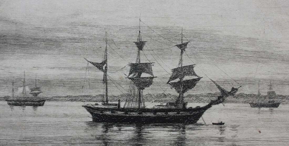 Carl Bloch etching Ships near the Swedish coast 1884 RARE early print