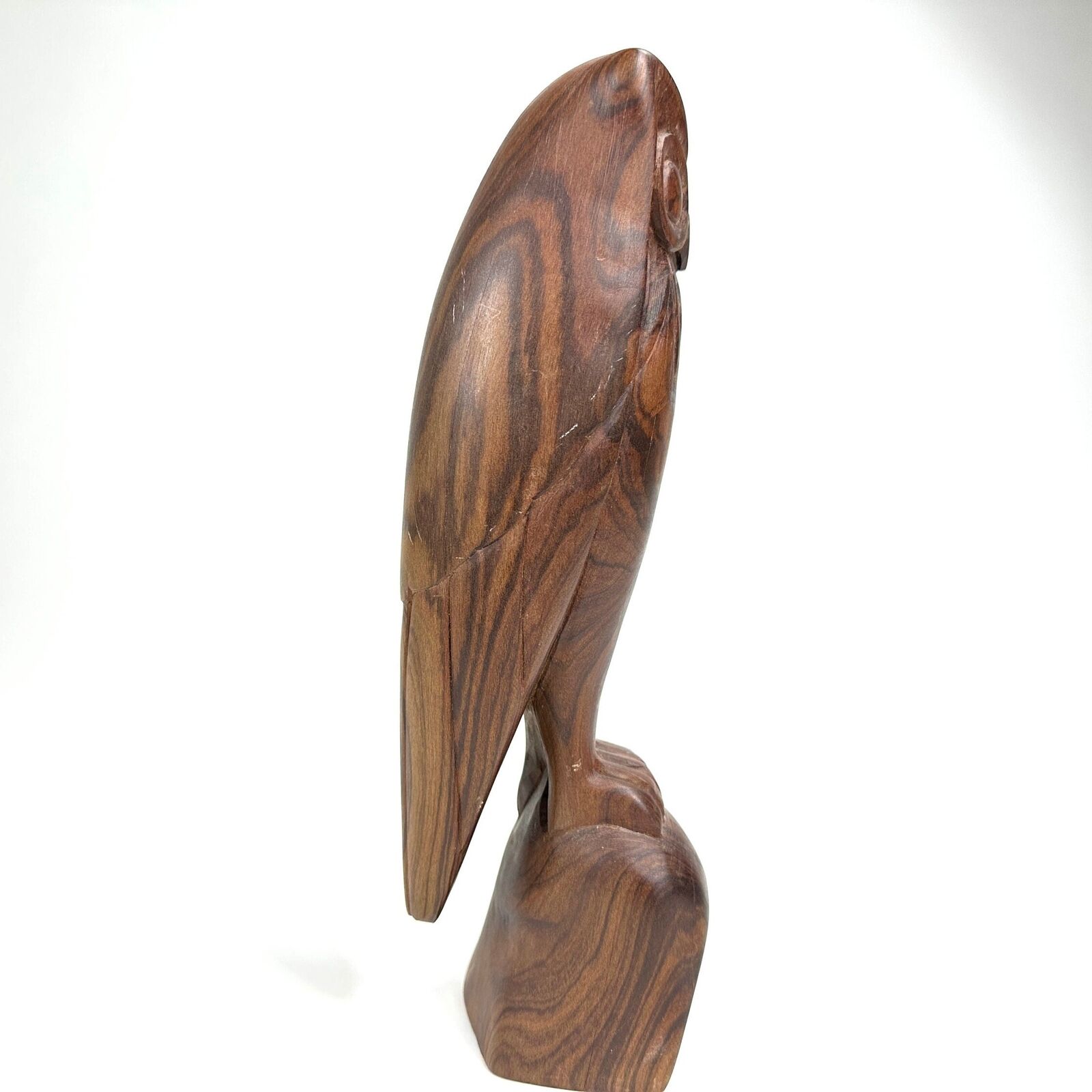 Vintage Hand Carved Teak Wood Owl Figurine 70s Bird Sculpture