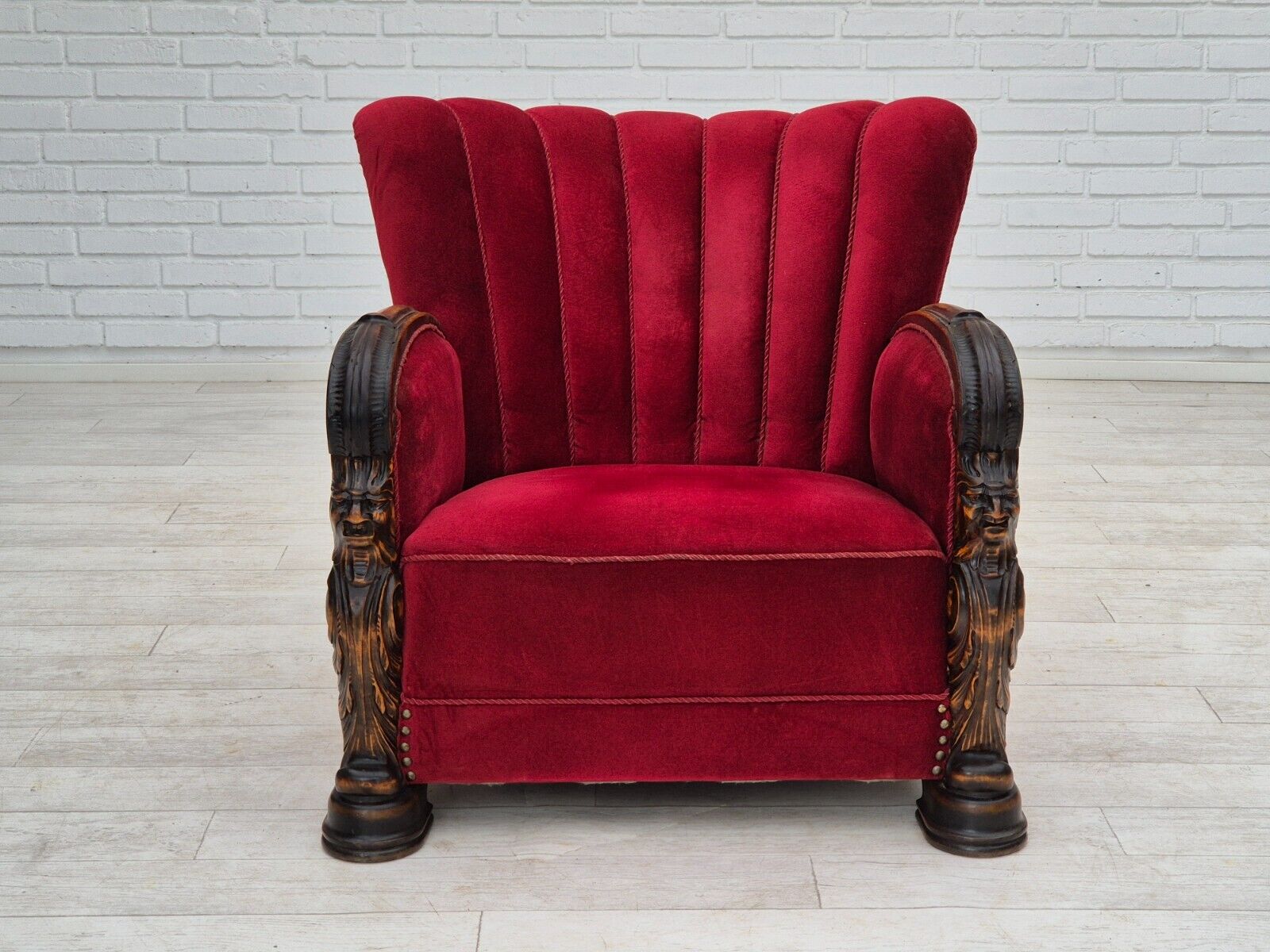 1950s Danish armchair with footstool furniture velour ash wood