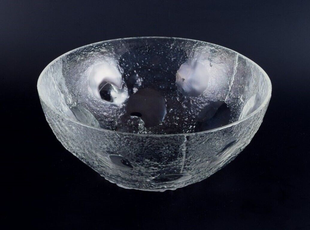 Scandinavian large serving bowl in clear frosted art glass and stainless steel