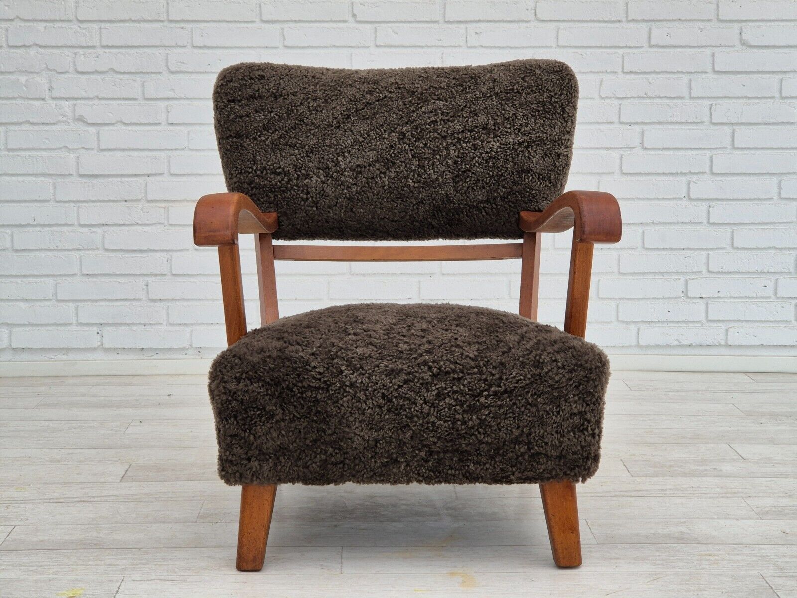 1950s Danish design reupholstered armchair New Zealand sheepskin oak wood