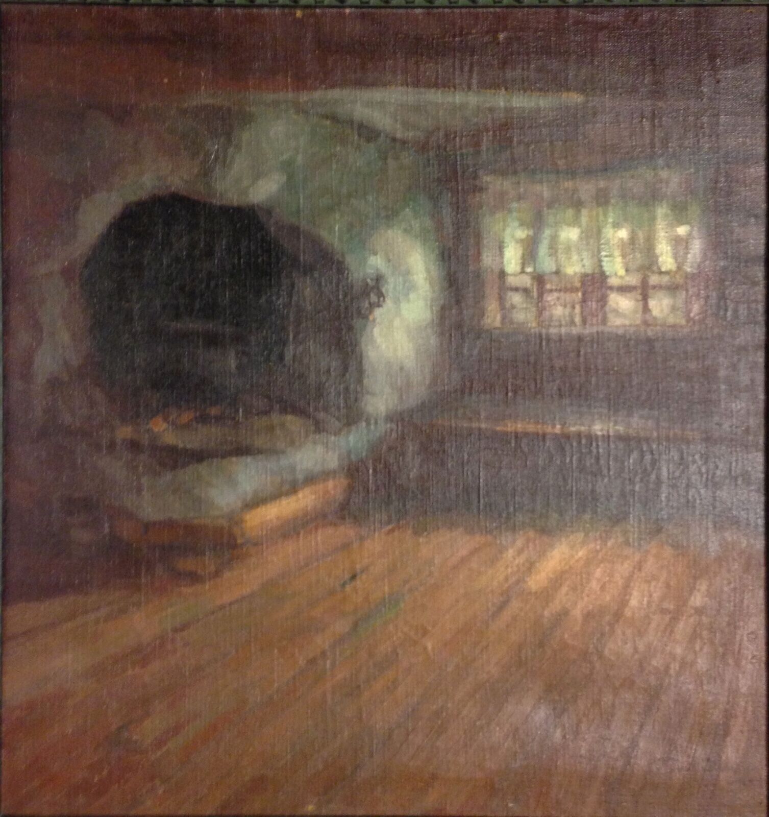 INTERIOR with TRADITIONAL STONE OVEN Antique oil painting dated 1918