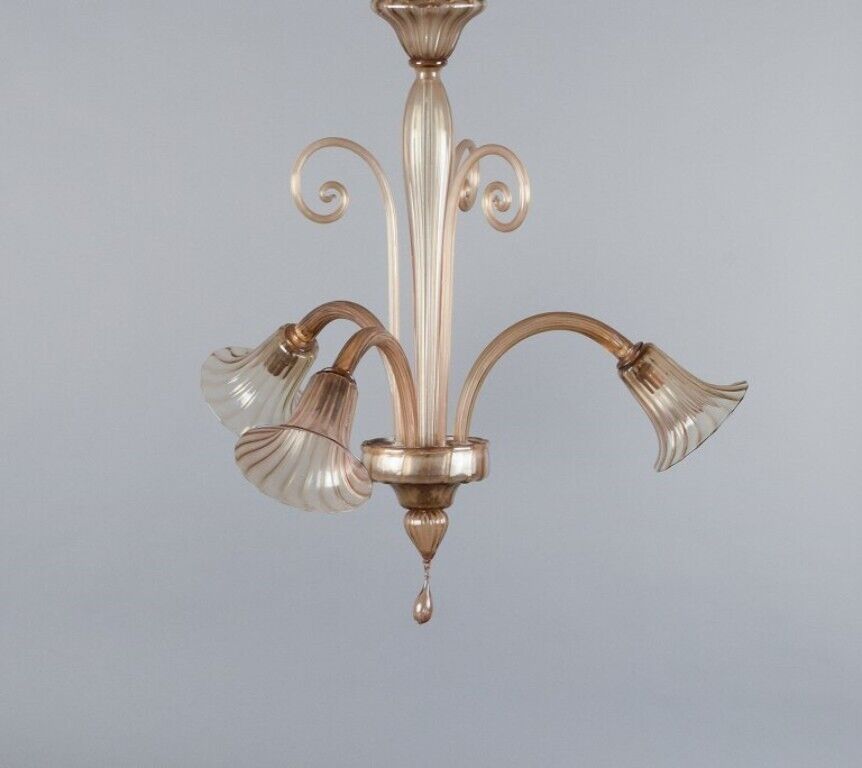 Murano elegant Art Deco ceiling lamp in mouth-blown glass three bulbs