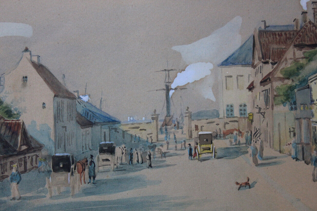 C O Zeuthen watercolour Street scenery near Copenhagen Harbour 1880 Framed