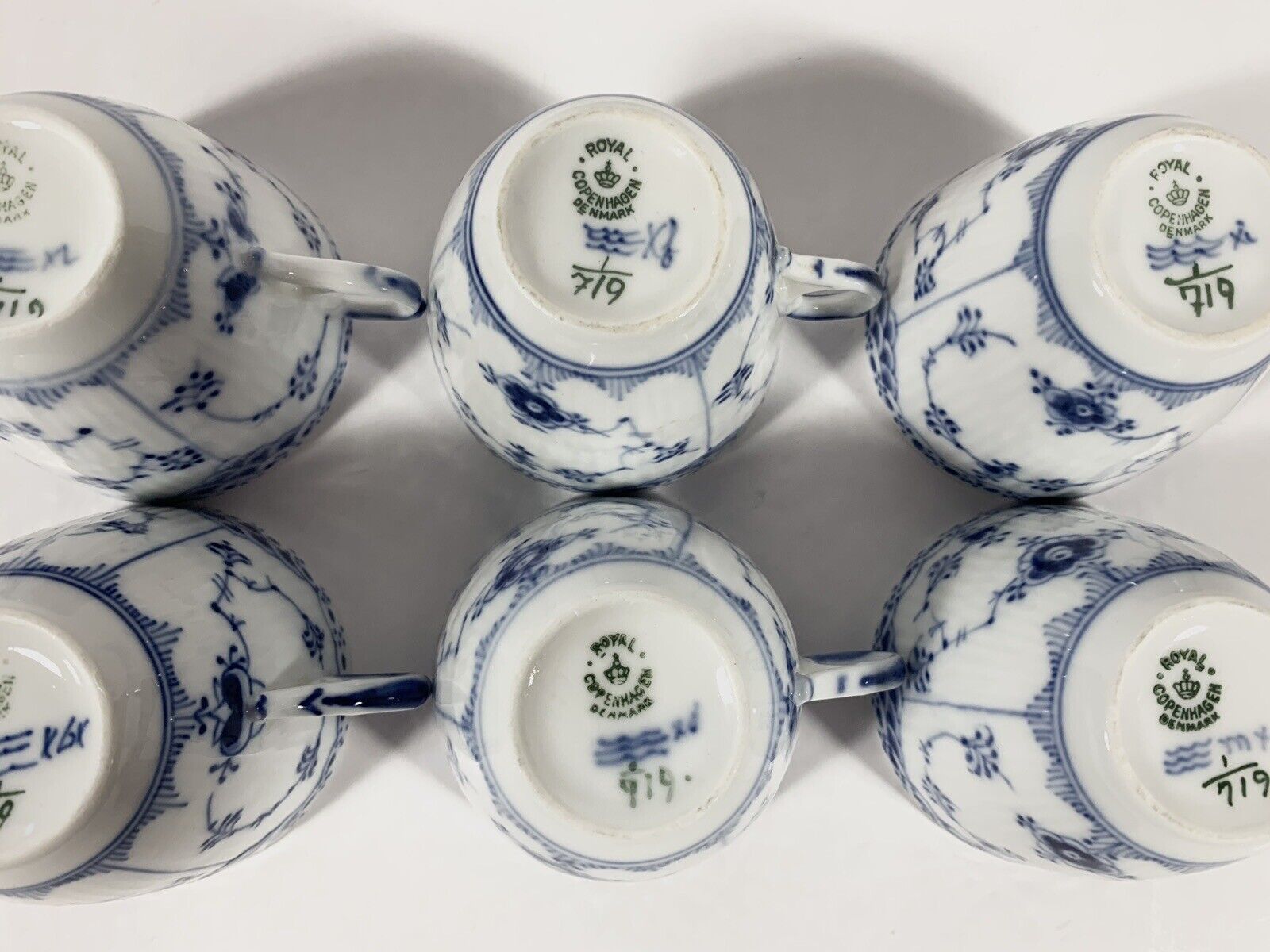 6x Royal Copenhagen Blue Fluted Half Lace  719 Coffee Cups  Saucers Set