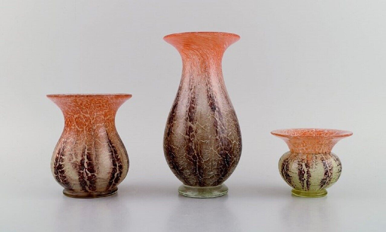 Karl Wiedmann for WMF Three Ikora vases in mouth blown art glass Germany 1930s