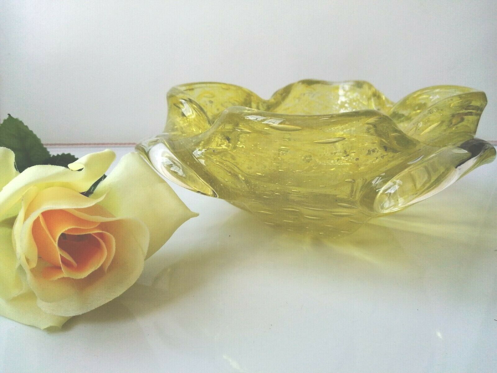 Vintage Murano bright yellow bowl with airbubbles and silver flecks1950's