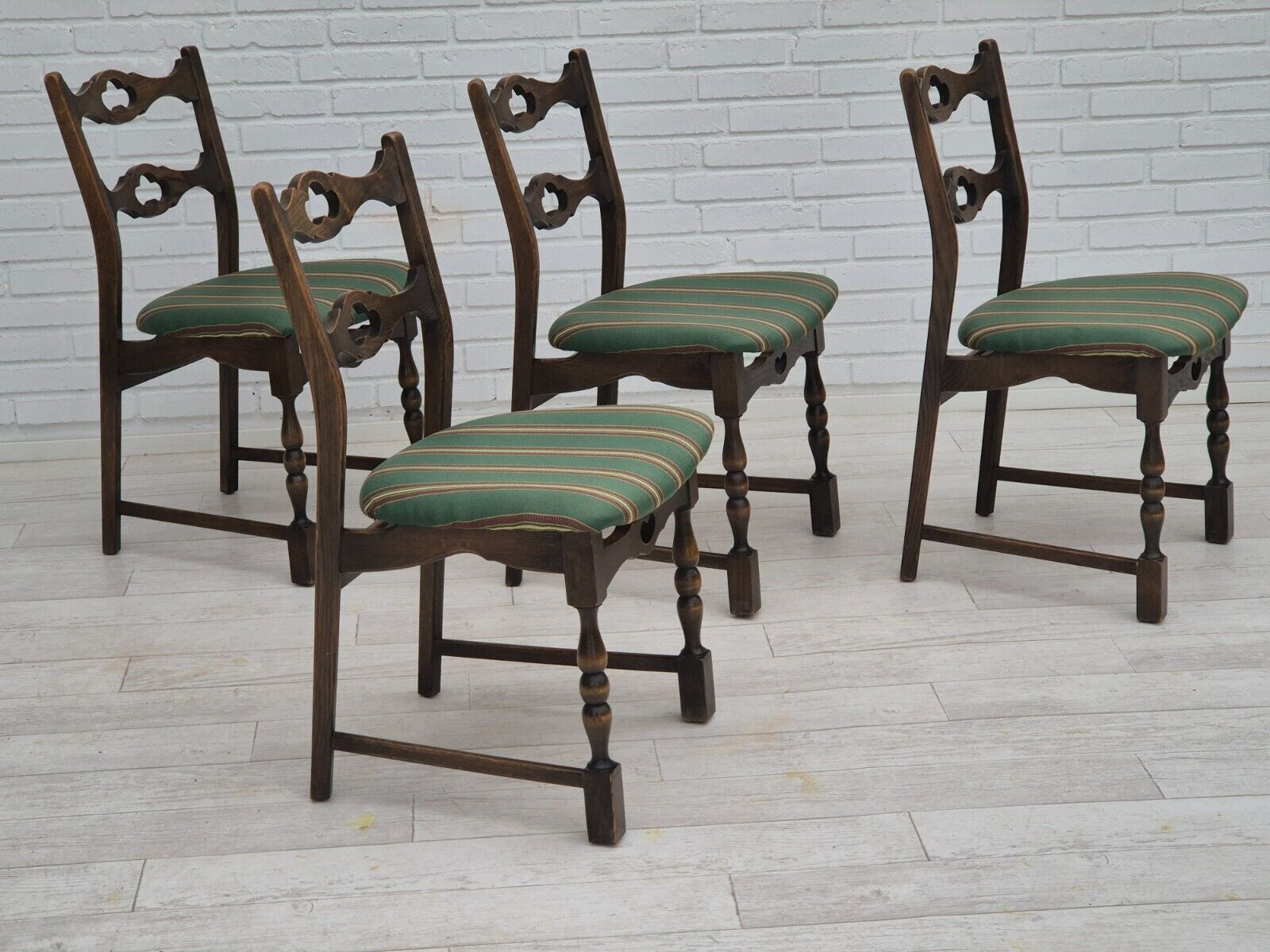 1970s set of 4 Danish dining chairs original condition dark oak wood wool