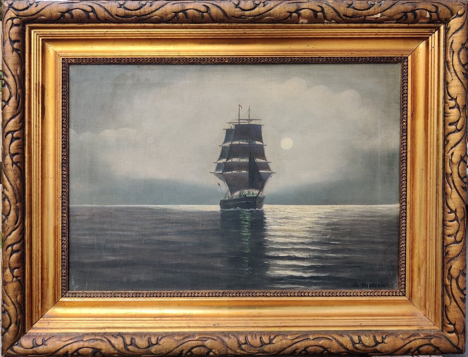 A Nielsen: SAILSHIP IN FULL MOONLIGHT original oil painting