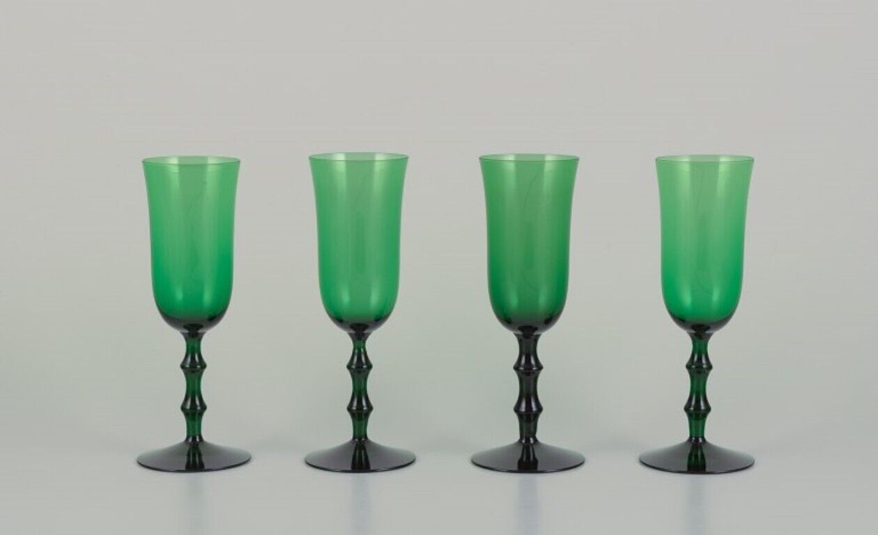 Simon Gate for Orrefors Sweden Four "Salut" champagne glasses in green glass