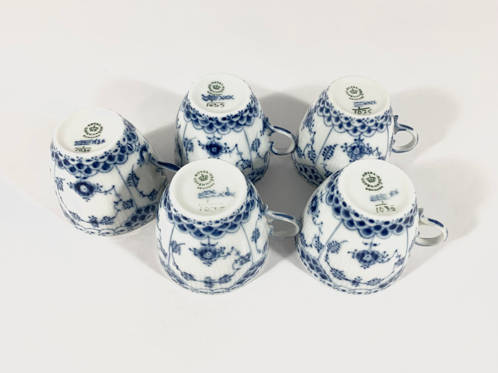 5x Royal Copenhagen Blue Fluted Full Lace  1035 Coffee Cups  Saucers Set