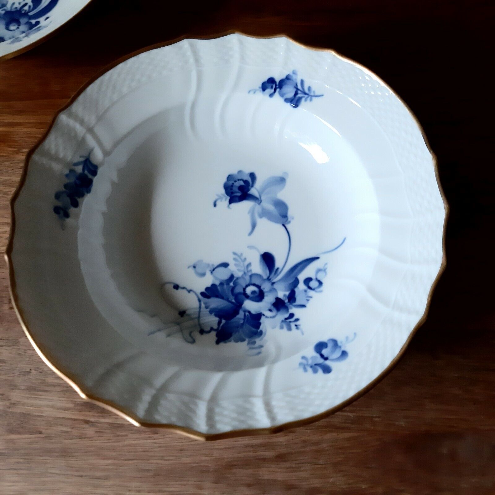 2 Soup Plates/ Bowls BLUE FLOWER Curved w Gold  # 10-1616 Royal Copenhagen 1st