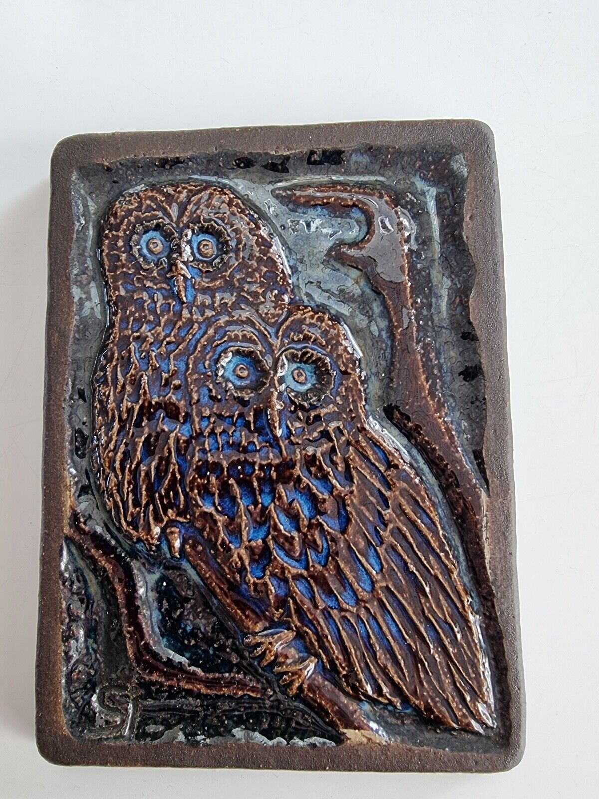 Blue Glazed Owl Ceramic Relief Wall Plate - Danish Svend Åage Jensen - Søholm