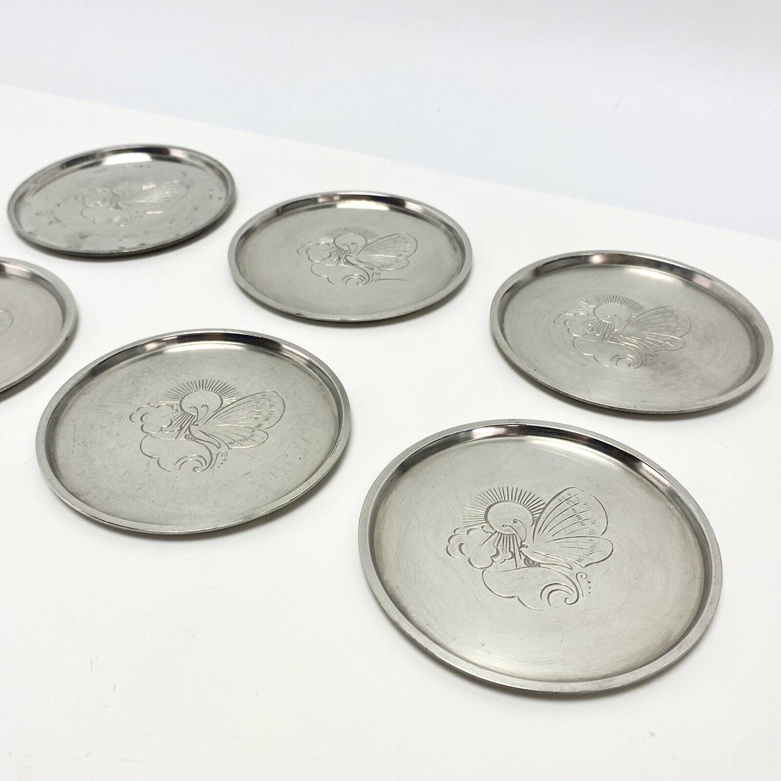 6pcs Vtg Art Deco Just Andersen Polished Pewter Glass Coasters Butterfly Barware