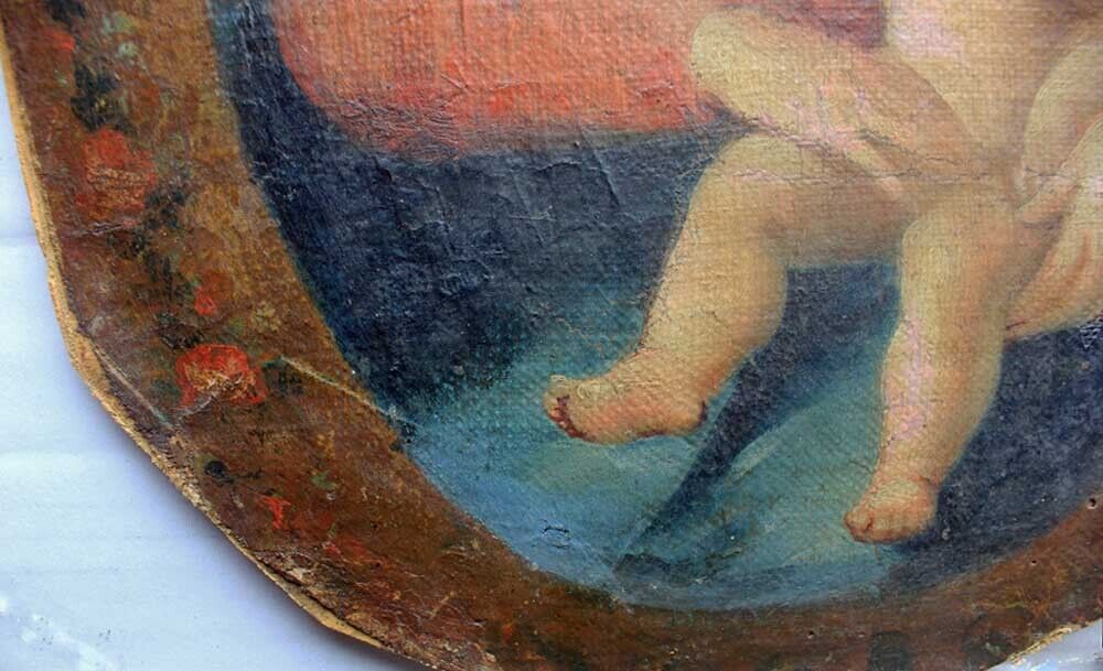 Antique painting Madonna and child with floral wreath Italian school 1800s