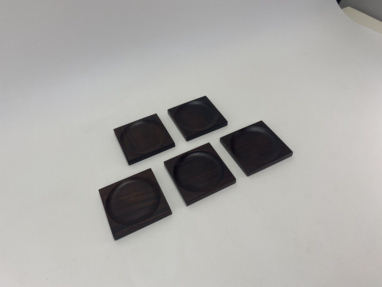 Set of 5 Vtg Mid Century Modern Danish Square Rosewood Glass Coasters Barware