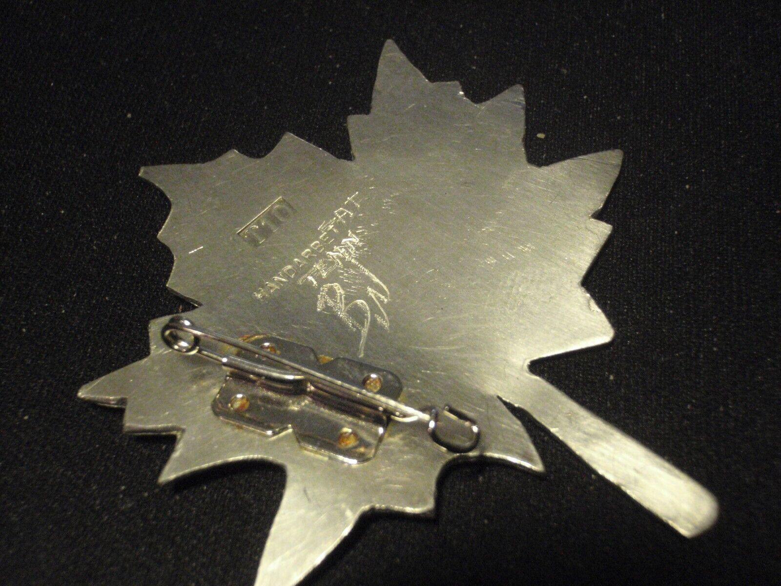 Vintage 1960s Swedish Maple Leaf pewter brooch all markings 2" x "5"