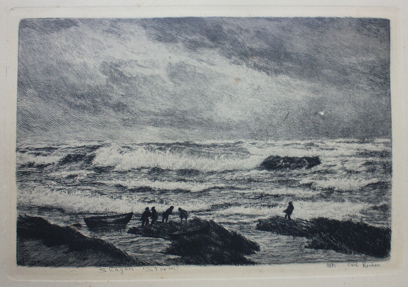 Carl Locher etching Fishermen on the Skagen beach in stormy weather 1900